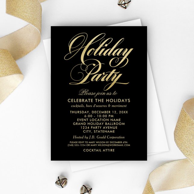 Invitation Élégante Black et Gold Script Fête de Vacances (Créateur téléchargé)