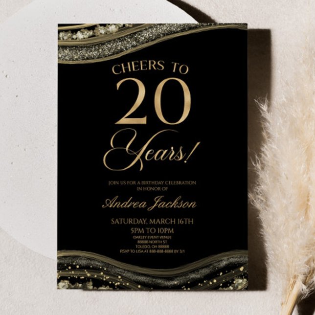 Invitation Elégante Black Gold Agate 20e fête d'anniversaire (Créateur téléchargé)