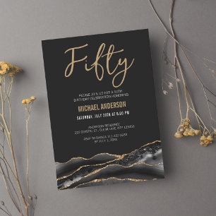 Invitation Elégante Black Gold Agate 50e fête d'anniversaire