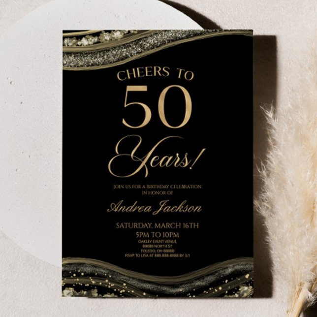 Invitation Elégante Black Gold Agate 50e fête d'anniversaire (Créateur téléchargé)