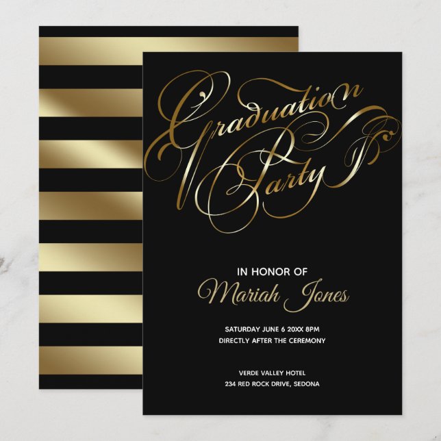 Invitation Élégante Black - Gold Calligraphy Graduation Party (Devant / Derrière)