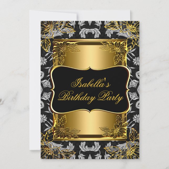 Invitation Elégante Black Gold Damask Brocade Anniversaire Pa (Devant)
