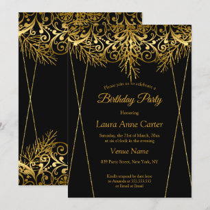 Invitation Elégante Black Gold Faux Foil fête d'anniversaire