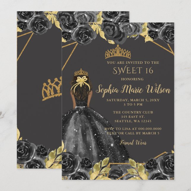 Invitation Elégante Black Gold Floral Princess SWEET 16 (Devant / Derrière)