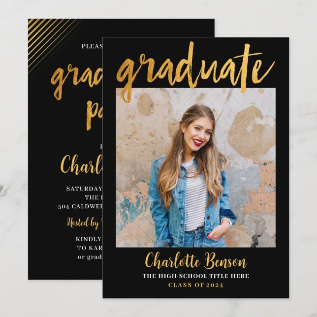 Invitation Élégante Black Gold Foil Photo Party Graduation (Devant / Derrière)