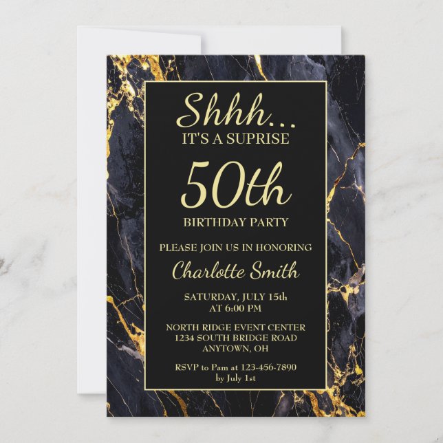 Invitation Elégante Black & Gold Marble 50e fête d'anniversai (Devant)