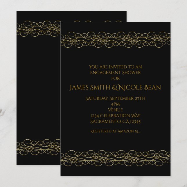 Invitation élégante Black & Gold Modern Swirl (Devant / Derrière)