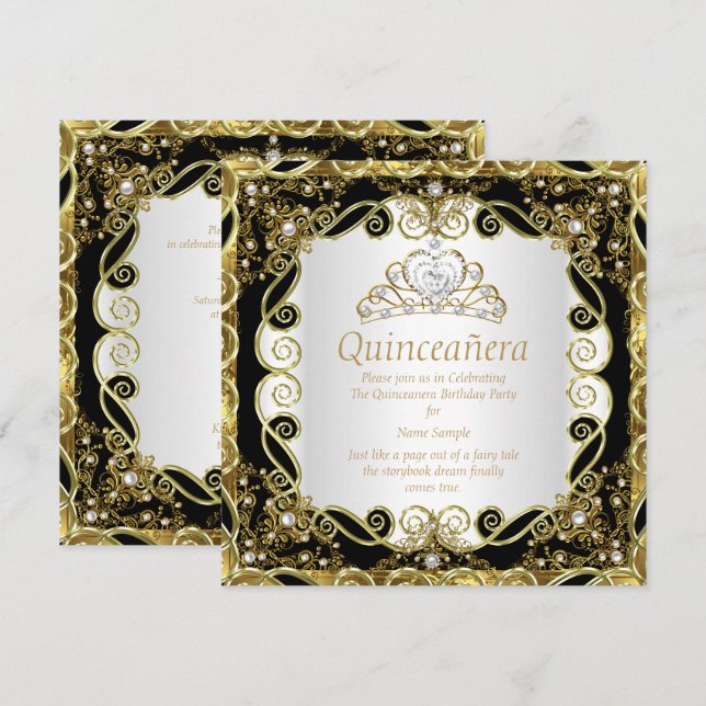Invitation Elégante Black Gold Pearl Princesse Quinceanera (Devant / Derrière)