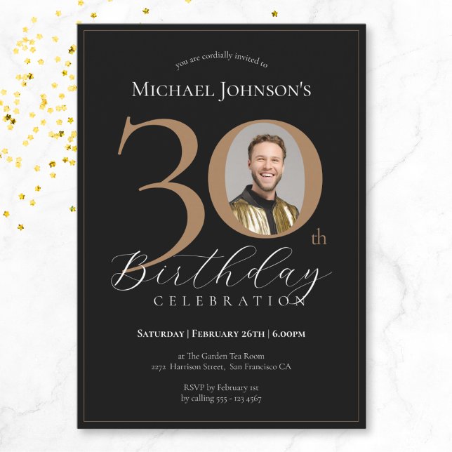 Invitation Elégante Black Gold Photo 30e anniversaire (Mockup View)