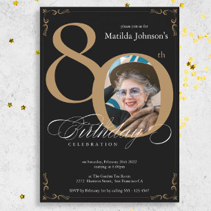 Invitation Elégante Black Gold Photo 80e fête d'anniversaire