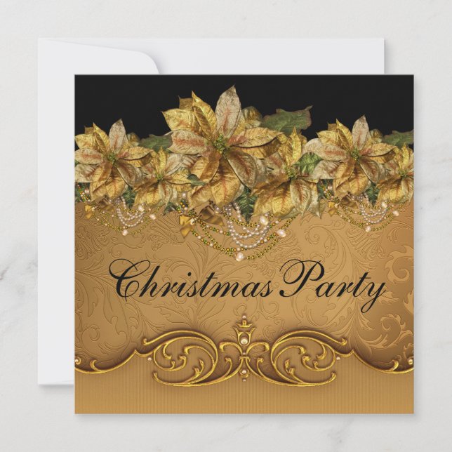 Invitation Élégante Black Gold Poinsettia Gold Christmas Part (Devant)