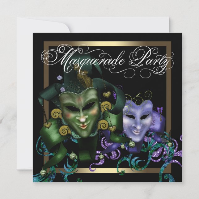 Invitation Élégante Black Gold Purple Masquerade Party (Devant)