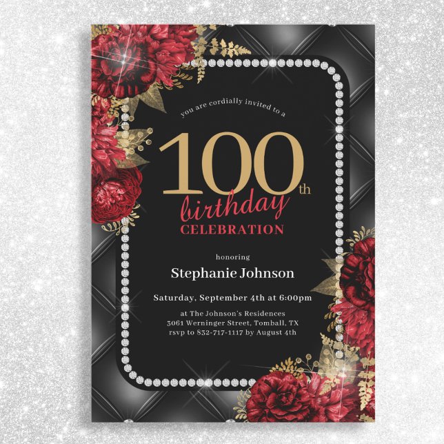 Invitation Élégante Black Gold Red Floral 100e fête d'anniver (Mockup View)