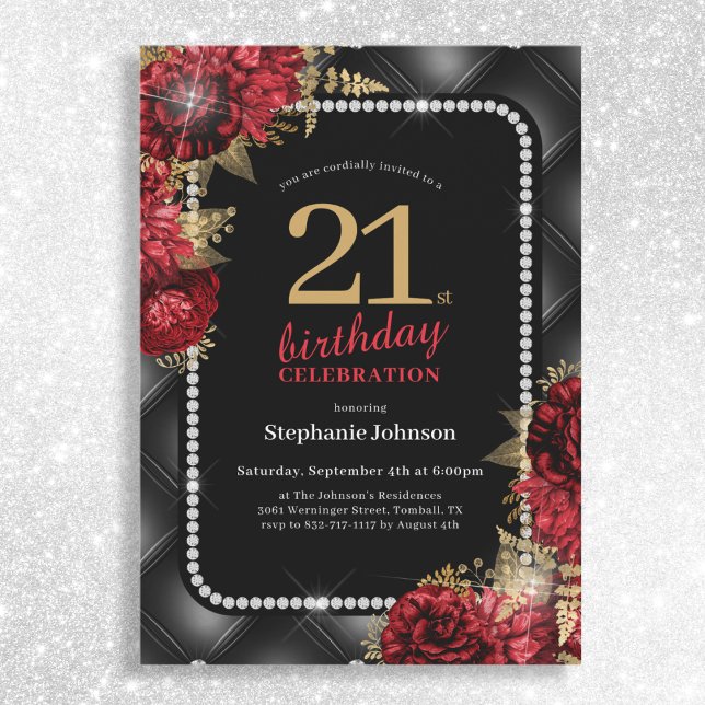 Invitation Élégante Black Gold Red Floral 21e fête d'annivers (Mockup View)