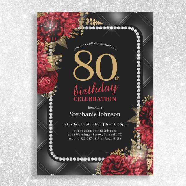 Invitation Elégante Black Gold Red Floral 80e fête d'annivers (Mockup View)