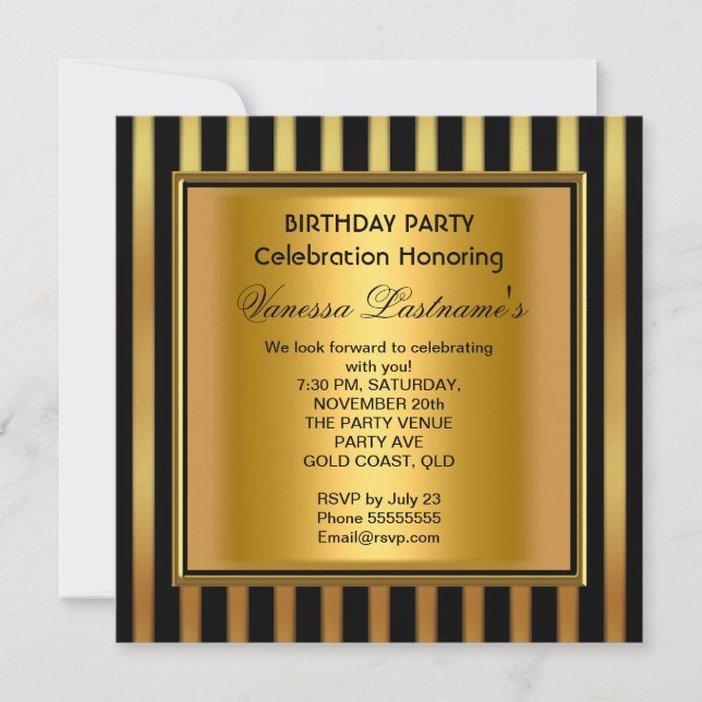 Invitation Elégante Black Gold Stripe Anniversaire (Devant)