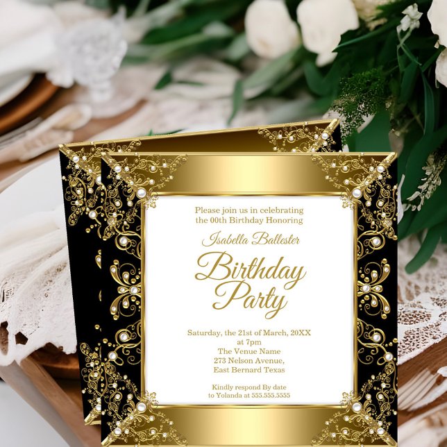 Invitation Elégante Black Gold White Pearl fête d'anniversair (Créateur téléchargé)