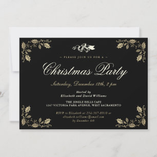 Invitation Élégante Black Holly Bells Noël Fête de Noël