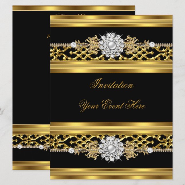 Invitation Élégante Black Lace Gold Jewel (Devant / Derrière)