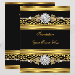Invitation Élégante Black Lace Gold Jewel