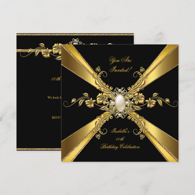 Invitation Elégante Black Pearl Black Bijou Anniversaire Part (Devant / Derrière)