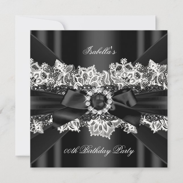 Invitation Elégante Black Pearl White Lace Bow fête d'anniver (Devant)