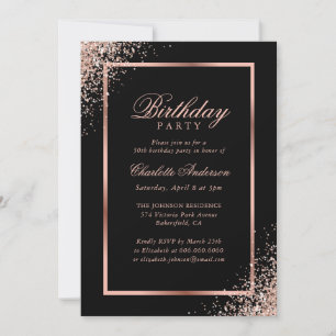 Invitation Elégante Black Rose Gold Confetti fête d'anniversa