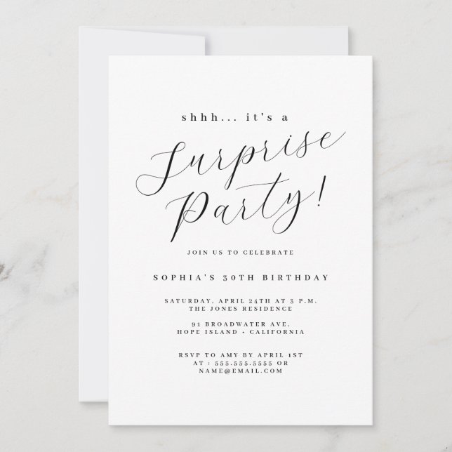 Invitation Élégante Black Script Surprise Party (Devant)