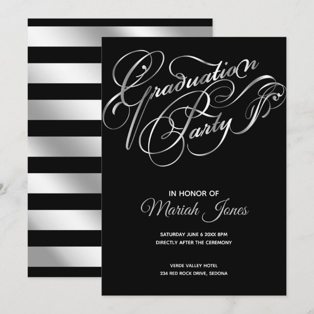 Invitation Élégante Black -Silver Calligraphy Party (Devant / Derrière)
