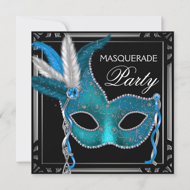 Invitation Élégante Black Turquoise Blue Masquerade Party (Devant)