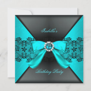 Invitation Élégante Black Turquoise Pearl Bow fête d'annivers
