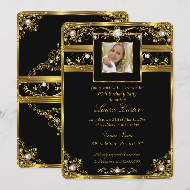 Invitation Elégante Black White Gold Pearl Photo Anniversaire (Devant / Derrière)