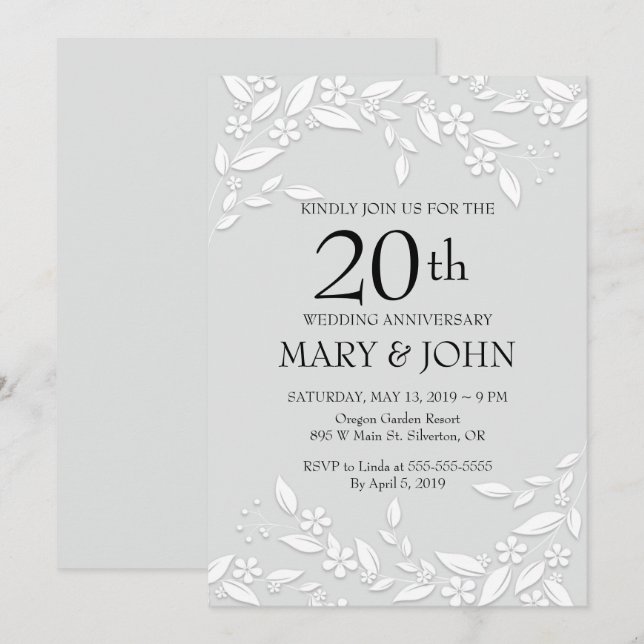Invitation élégante blanche florale pour les 20 an (Devant / Derrière)