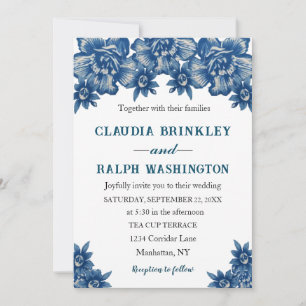 Invitation élégante bleue et blanche Toile De Jouy
