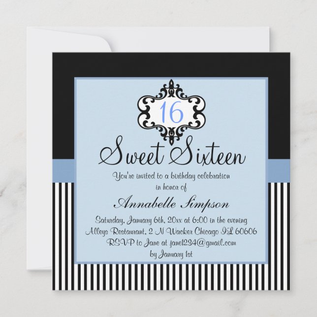 Invitation élégante bleue et noire pour un Sweet 1 (Devant)