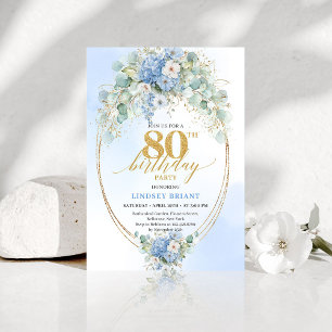 Invitation élégante bleue florale dorée pour 80e a