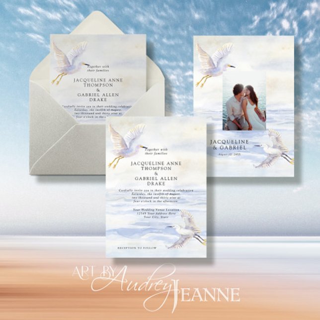 Invitation Elégante Blue Ocean Beach Grues côtières avec phot (Créateur téléchargé)