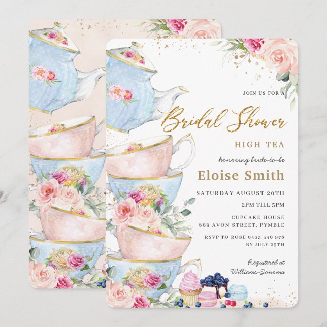 Invitation Elégante Blush Floral High Tea Party Fête des mari (Devant / Derrière)