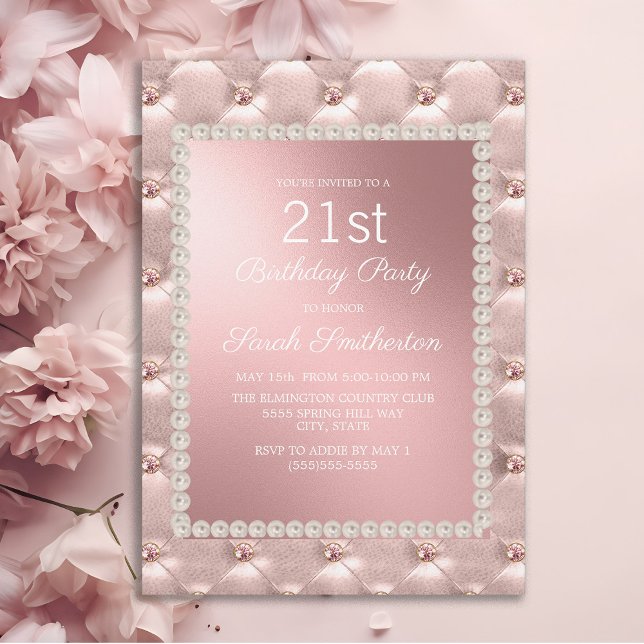Invitation Élégante Blush Pink Blanc 21ème anniversaire (Elegant pink tufted 21st birthday party invitation)