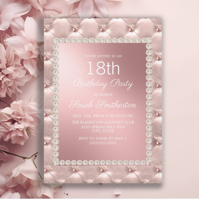 Invitation Elégante Blush Rose Blanc 18ème anniversaire fête (Elegant pink tufted 18th birthday party invitation)
