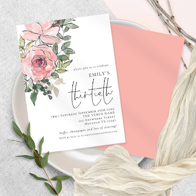 Invitation Elégante Blush Rose Floral Trente Anniversaire (Créateur téléchargé)