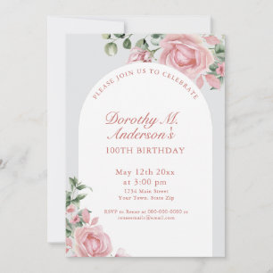 Invitation Elégante Blush Rose Roses 100e fête d'anniversaire