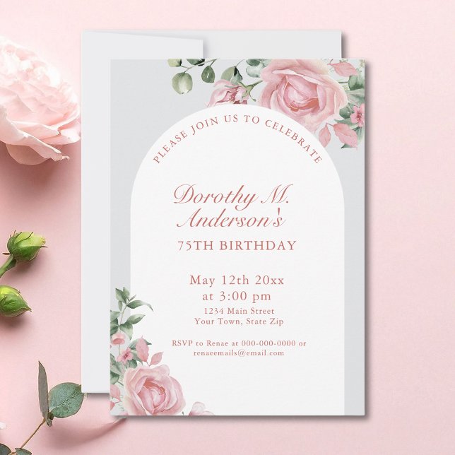 Invitation Elégante Blush Rose Roses 75e fête d'anniversaire (Créateur téléchargé)