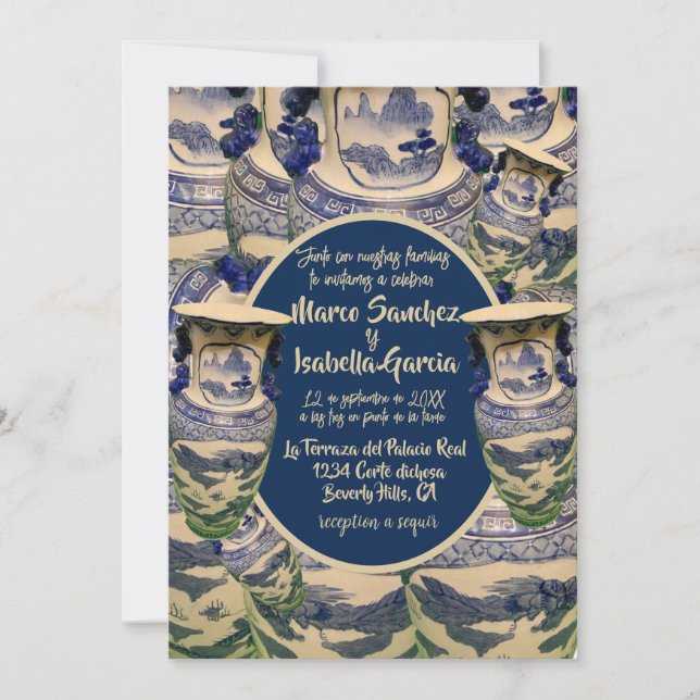 Invitation Elegante boda en estilo chinoiserie azul y blanco (Devant)