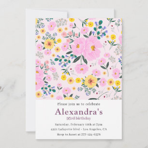 Invitation élégante Boho fleurs roses 93e annivers
