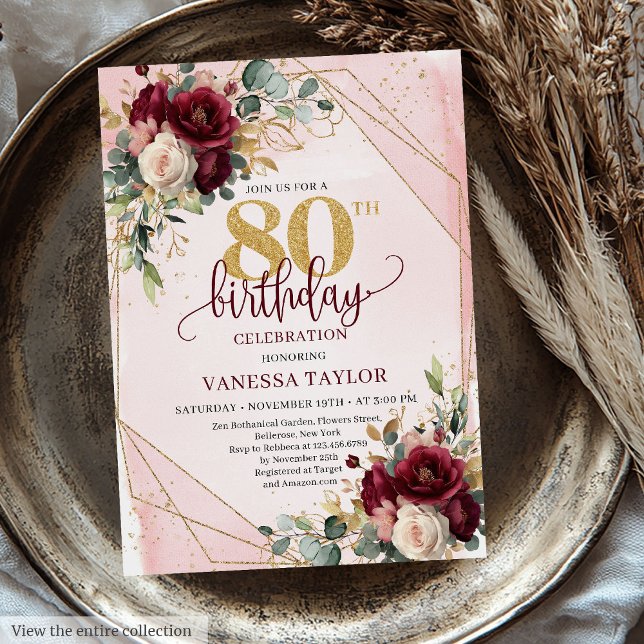 Invitation Elégante Boho Marsala Gold Flowers 80e anniversair (Elegant Boho Marsala Gold Flowers 80th Birthday Invitation)