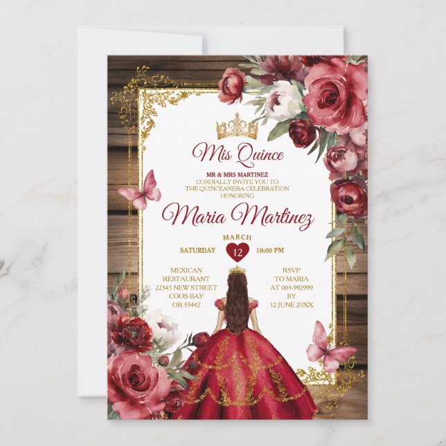 Invitation Elégante Bois Bourgogne Fleurs Princess Mis Quince (Devant)