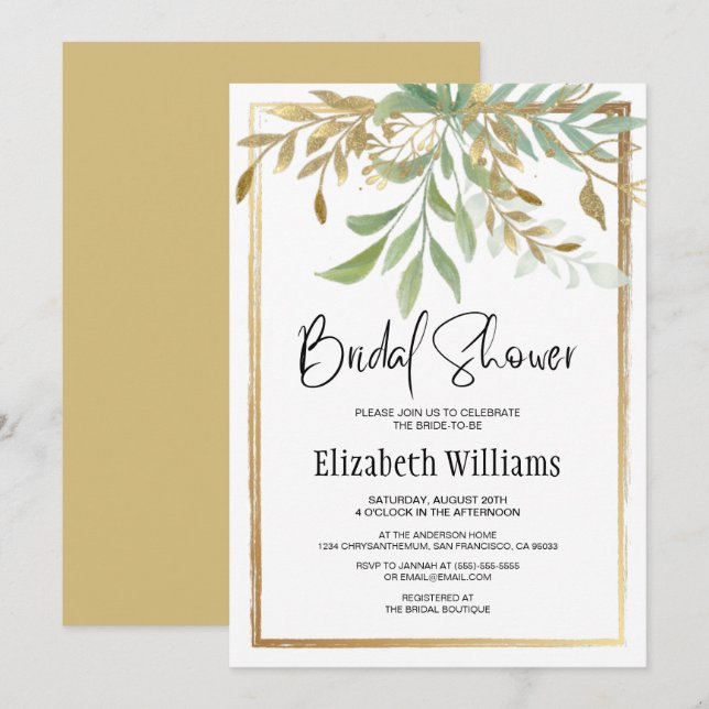 Invitation Elégante Bordure Classique Or&Fête des mariées Ver (Devant / Derrière)