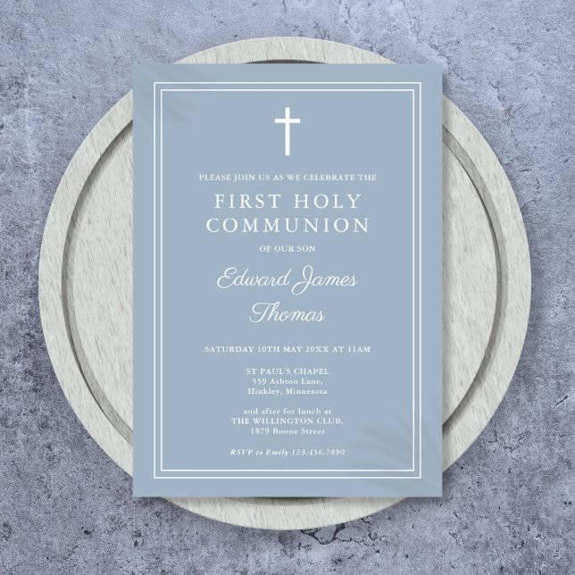 Invitation Elégante Bordure Dusty Bleu Première Sainte Commun (Elegant Border Dusty Blue First Holy Communion Invitation)
