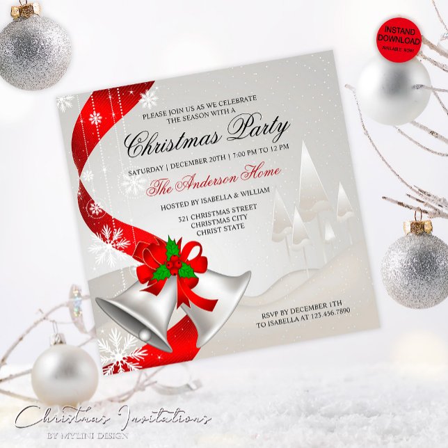 Invitation Élégante boucle rouge cloches d'argent Noël (Créateur téléchargé)